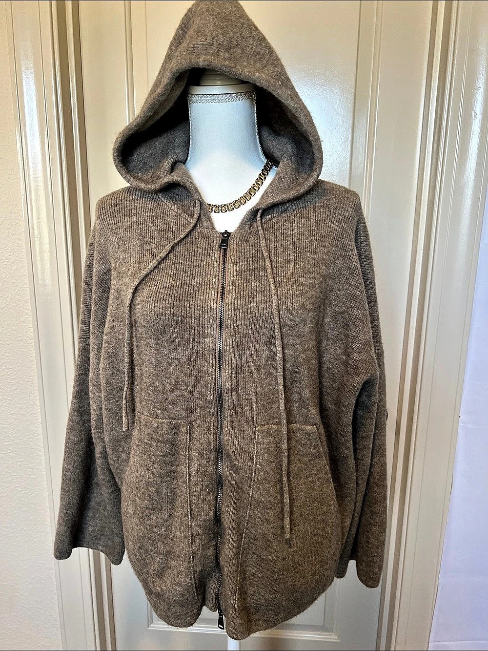 Rick Owens Ribbed Knit Zip Hoodie Brown